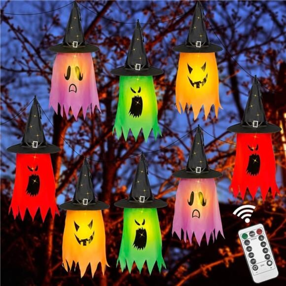 Halloween 8 Pcs Lighted Hanging Witch Ghost Hats Decorations, Halloween